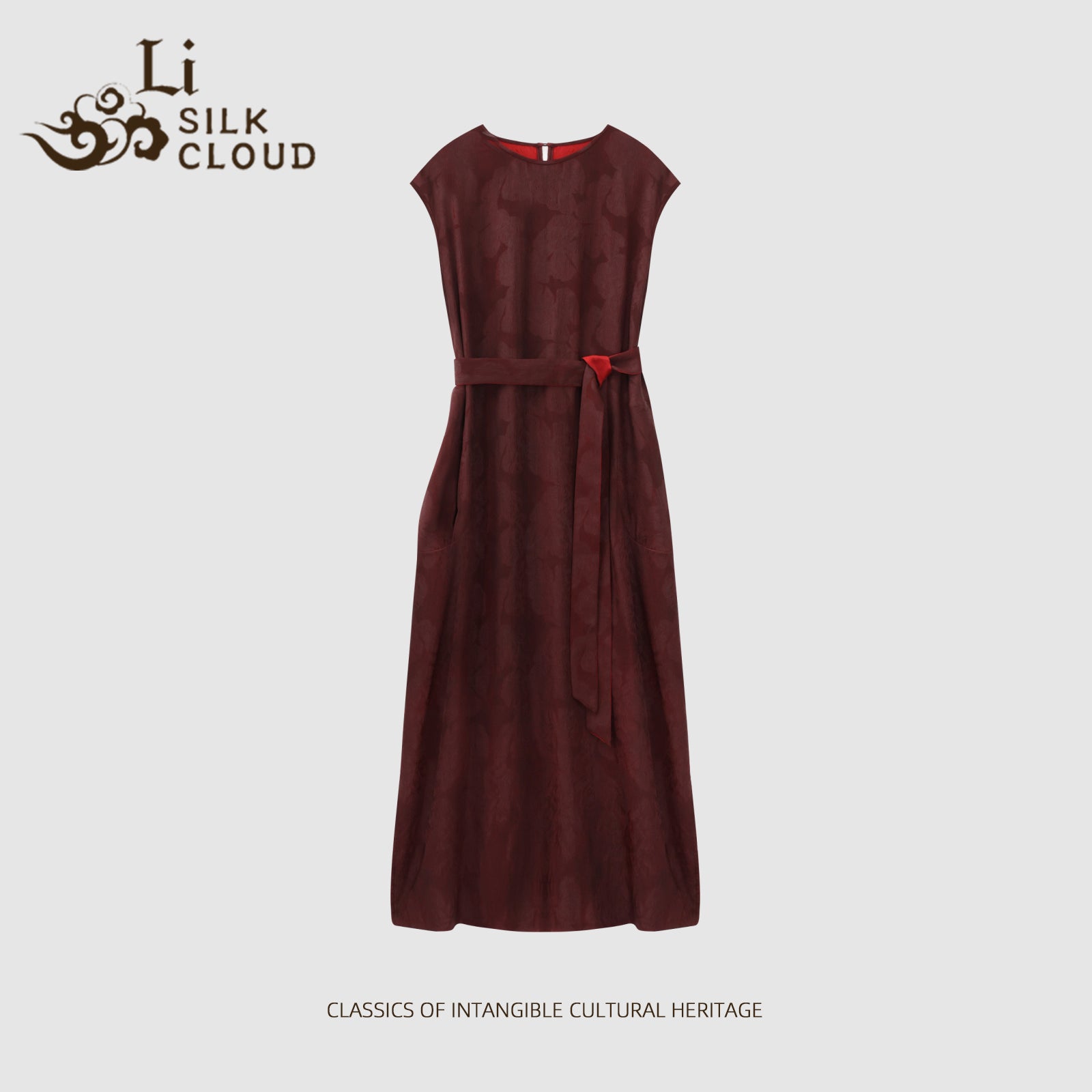 Reversible Wine & Bright Red Gambiered Silk Wrap Dress Chinese Style Embroidered Soft Elegant Guangdong Black Pearl Gambiered Guangdong Gauze xiangyunsha