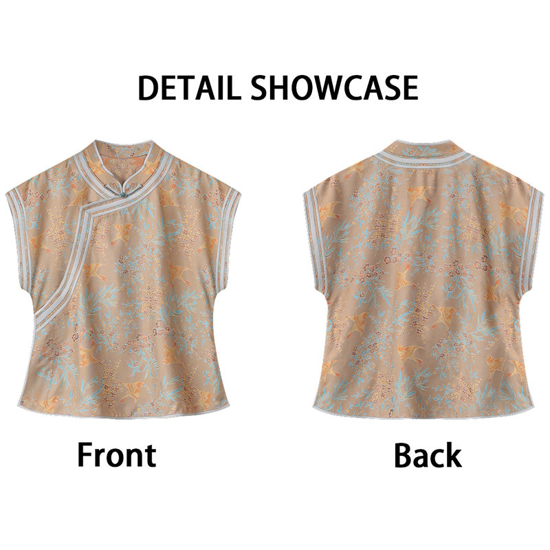 LI SILK CLOUD xiangyunsha Stand-Collar Short Sleeve Top Ancient Style Oriental Patterns Guangdong Black Pearl  Guangdong Gauze