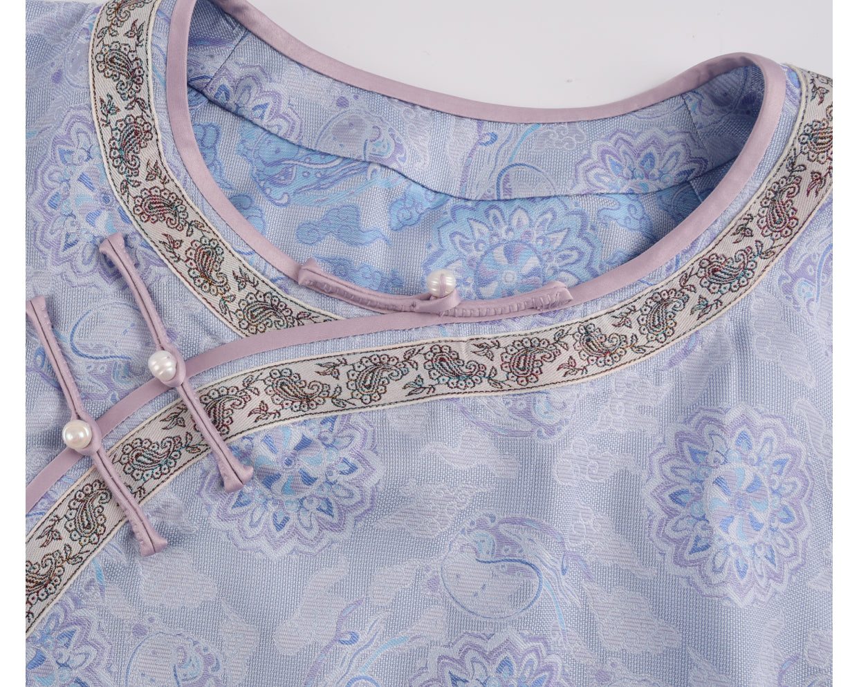 LI SILK CLOUD xiangyunsha Stand-Collar Short Sleeve Top Ancient Style Oriental Patterns Guangdong Black Pearl  Guangdong Gauze